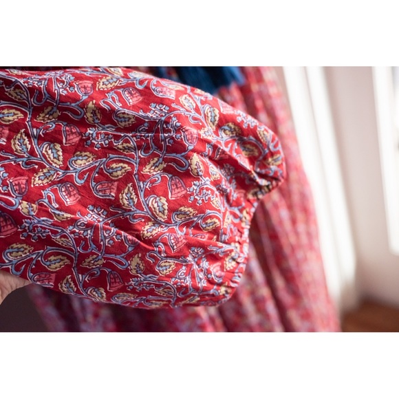 Indian Boho Block Print Hand Stitched Red Kantha Bodice Maxi Dress Sz Small - Picture 5 of 11